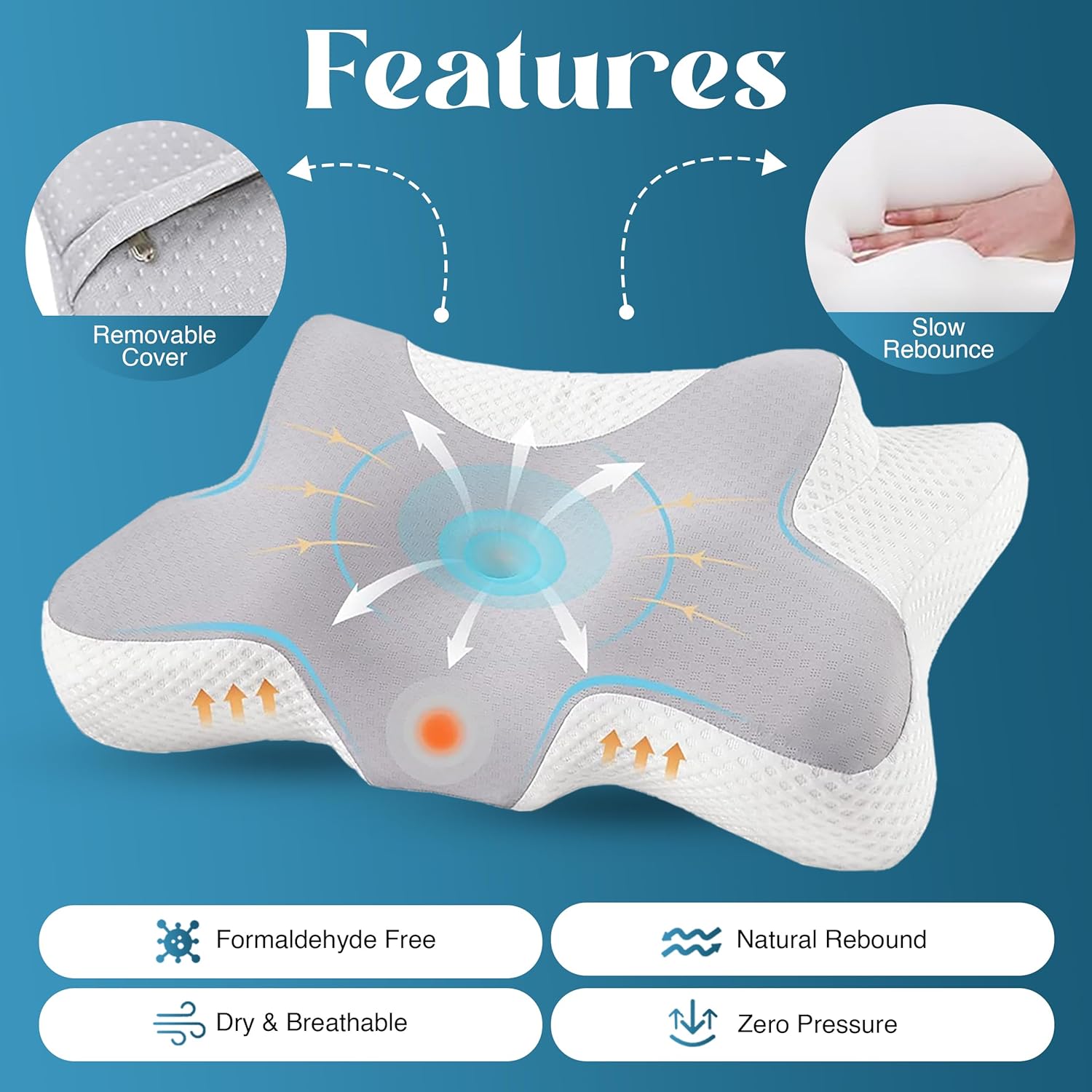 Fixwal® Cervical Pillow for Neck Pain Relief, Memory Foam Ergonomic Contour Pillow for Side, Back, Stomach Sleepers, Neck Support, Light Grey