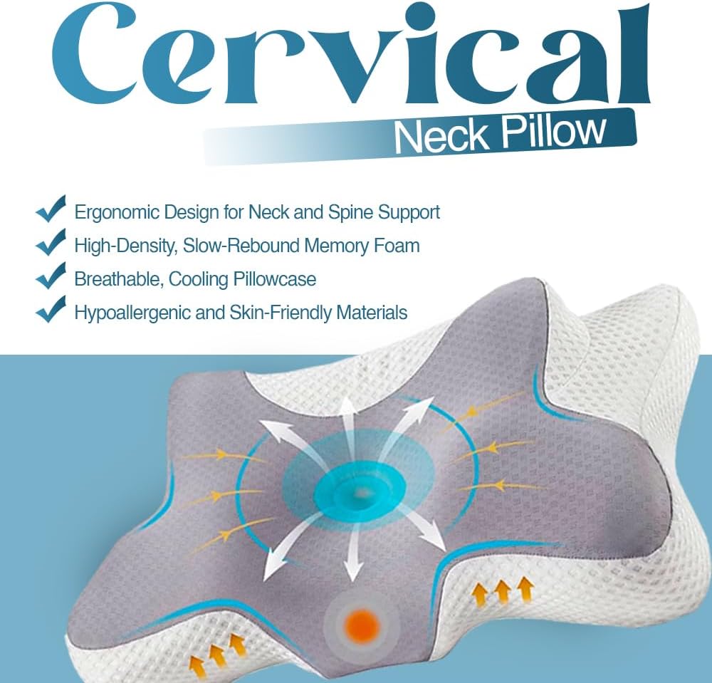 Fixwal® Cervical Pillow for Neck Pain Relief, Memory Foam Ergonomic Contour Pillow for Side, Back, Stomach Sleepers, Neck Support, Light Grey